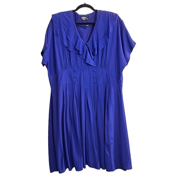 Vtg DAWN JOY Women Midi Dress Sz 2-3XL Purple Blue Work Cottagecore Ruffles 16-3 - Picture 1 of 11